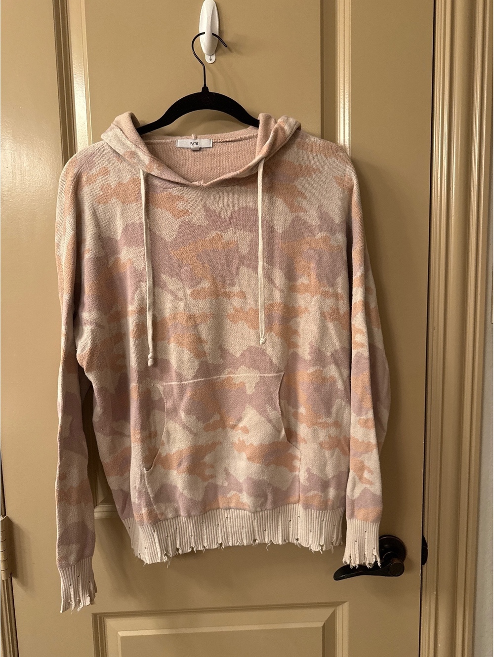 Fate Pink and Beige Camouflage Distressed Hoodie Sweater - Size Medium